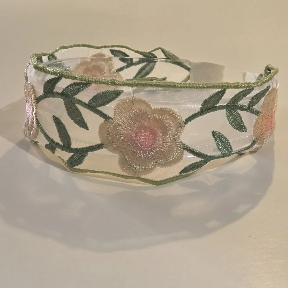 🍒🍒 Floral Embroidered Sheer Headband - Pink, Cream & Green